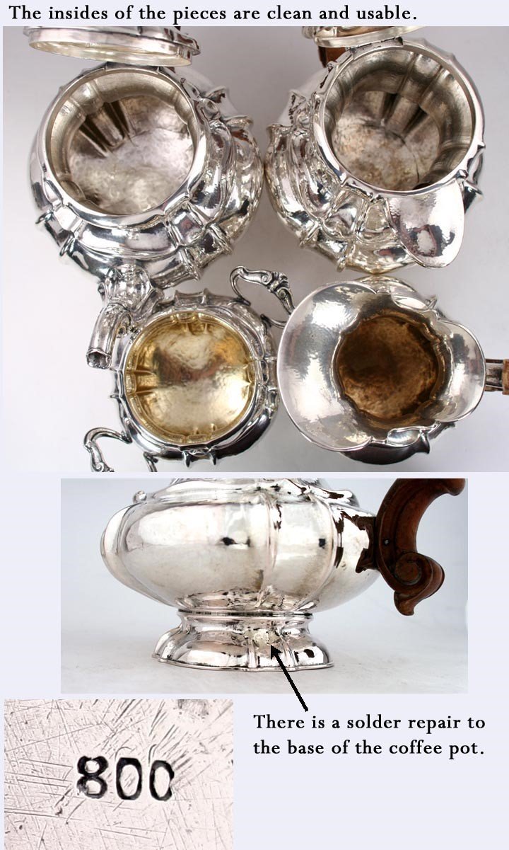Fine Hand Hammered Italian 800 Solid Silver 4pc Tea Service c1920