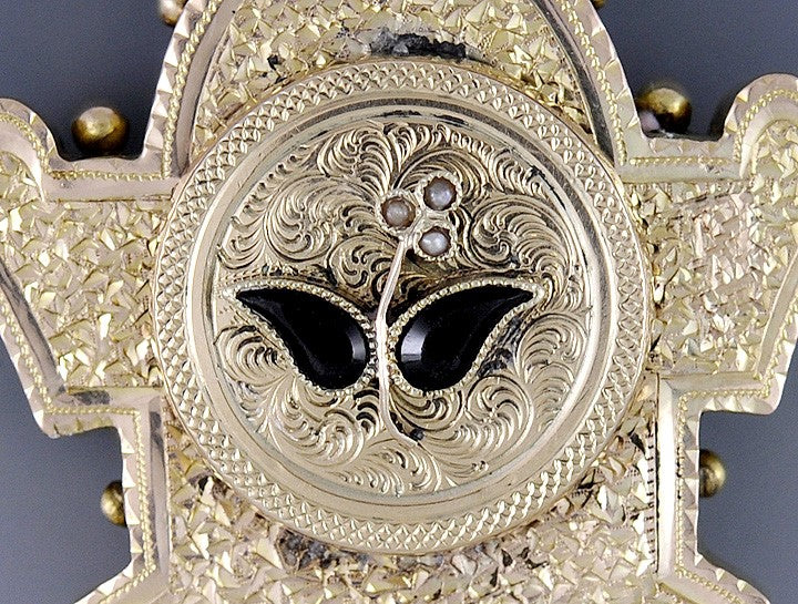 c1860s-1870s American Victorian 10k Gold Onyx Seed Pearl Pin Brooch