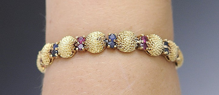 Neat 14K Yellow Gold Sapphire & Ruby Textured Dome Bracelet
