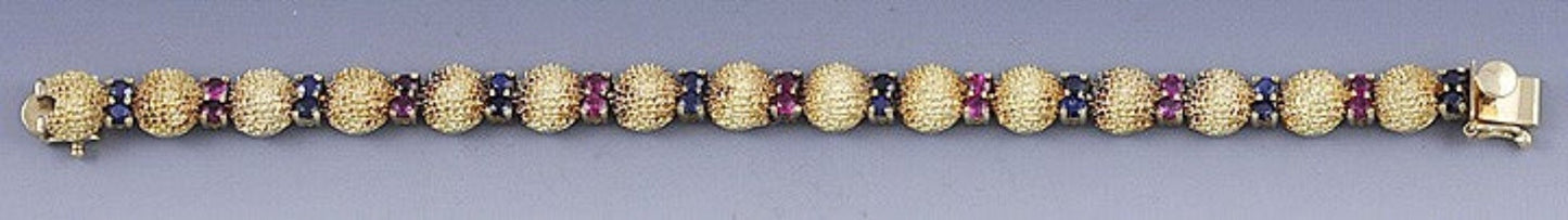 Neat 14K Yellow Gold Sapphire & Ruby Textured Dome Bracelet