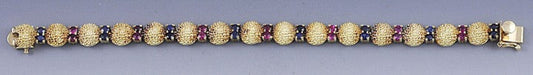Neat 14K Yellow Gold Sapphire & Ruby Textured Dome Bracelet