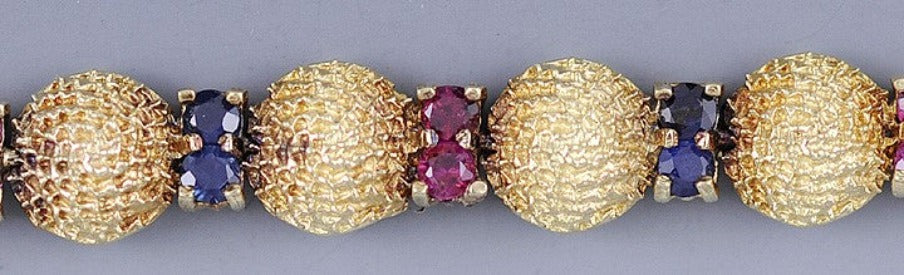 Neat 14K Yellow Gold Sapphire & Ruby Textured Dome Bracelet