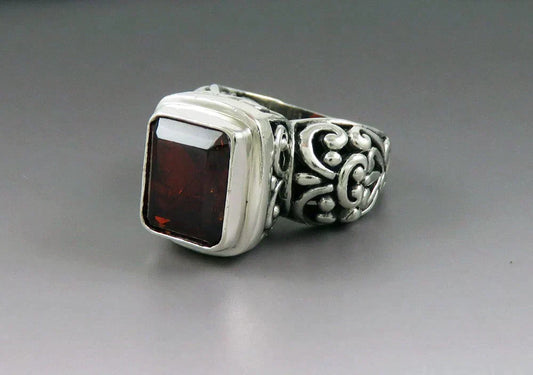 Striking Contemporary Sterling Silver Red Garnet Filigree Ring