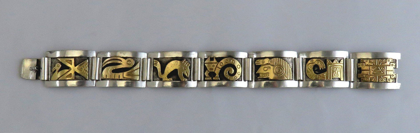 Stylish Peru Sterling Silver 18k Yellow Gold Inca Tribal Animals Bracelet