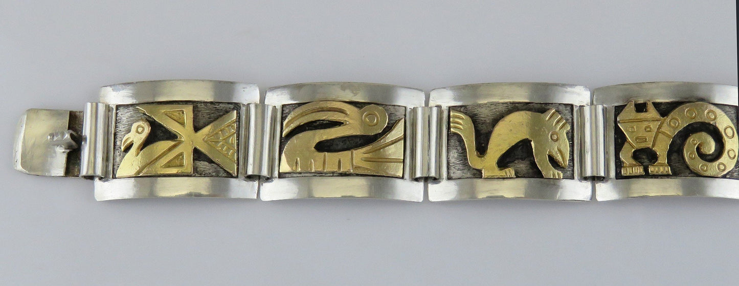 Stylish Peru Sterling Silver 18k Yellow Gold Inca Tribal Animals Bracelet