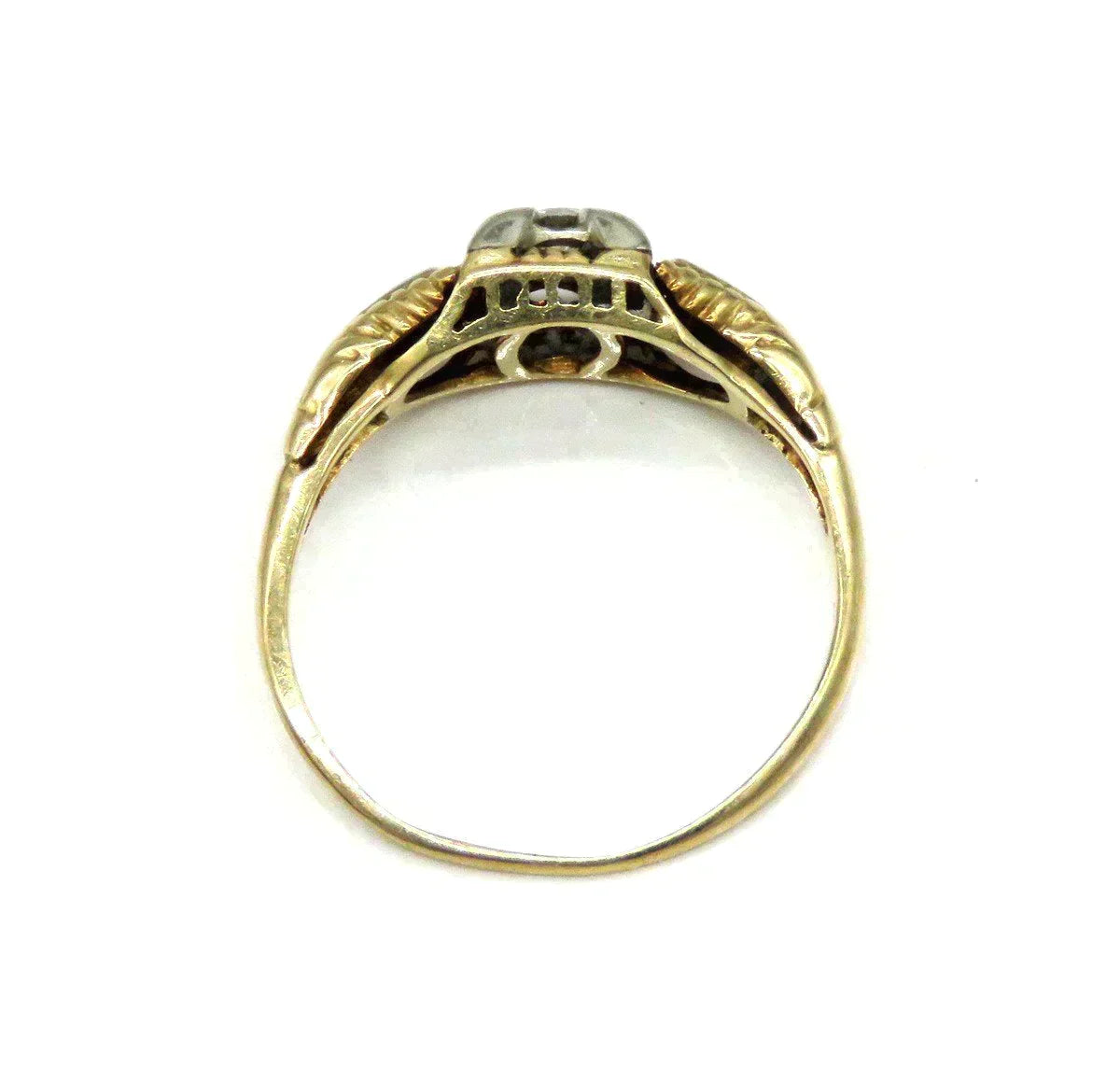 Antique c1920 14K Yellow White Gold VVS Diamond Engagement Ring