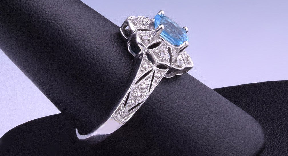 Nice ADL 10k White Gold Ring Set w/ Blue Topaz and 8 Accent Diamonds Size 8.5