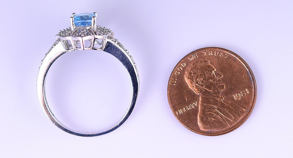 Nice ADL 10k White Gold Ring Set w/ Blue Topaz and 8 Accent Diamonds Size 8.5