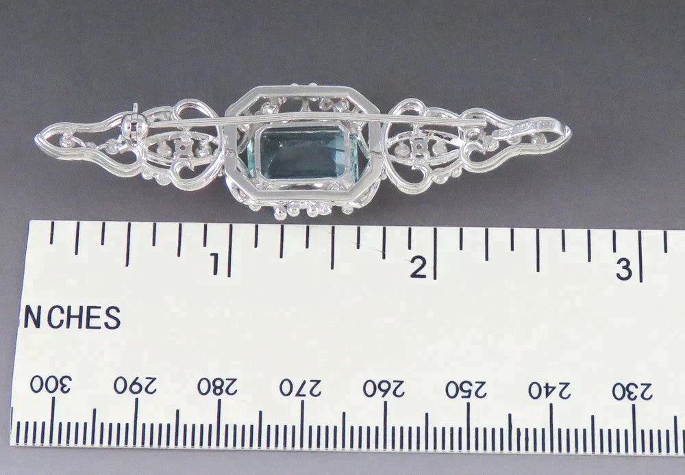 Fabulous 14K White Gold Natural Aquamarine Diamond Gemstone Openwork Bar Pin