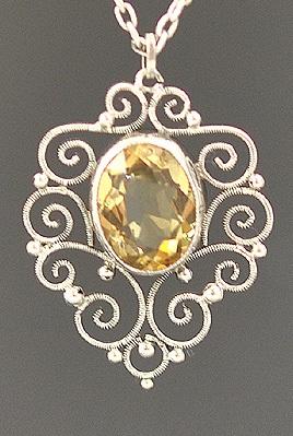 Lovely Genuine Faceted Citrine Sterling Silver Filigree Pendant and Chain