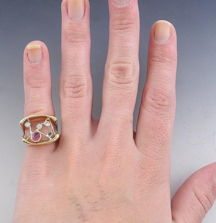 Eye Catching 14k Yellow Gold Diamond Ruby & Sapphire Ring