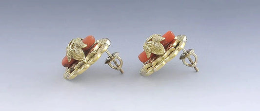 Ornate Victorian 14K Gold Orange Coral Earrings- Post Backs