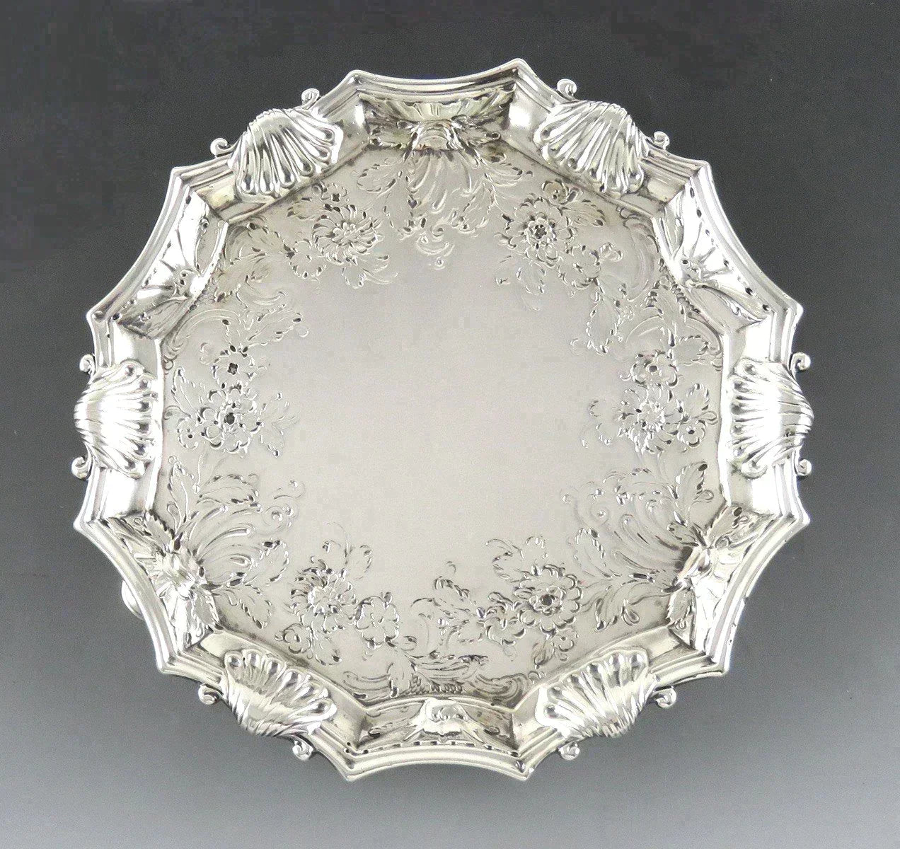 Antique 1740 English Georgian Sterling Silver Card Tray Salver 18th Century