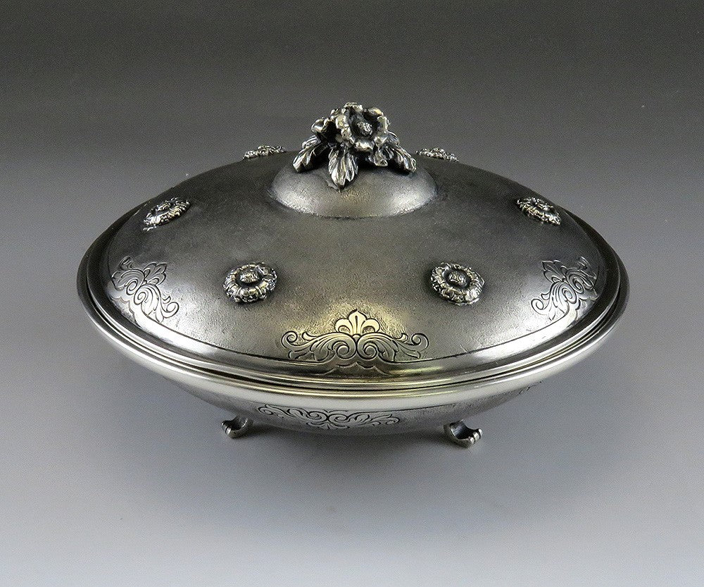 Vintage Italian Matte Silver Flying Saucer Shaped Flower Sugar Dish Covered Bowl