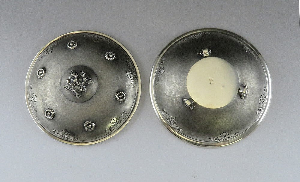 Vintage Italian Matte Silver Flying Saucer Shaped Flower Sugar Dish Covered Bowl