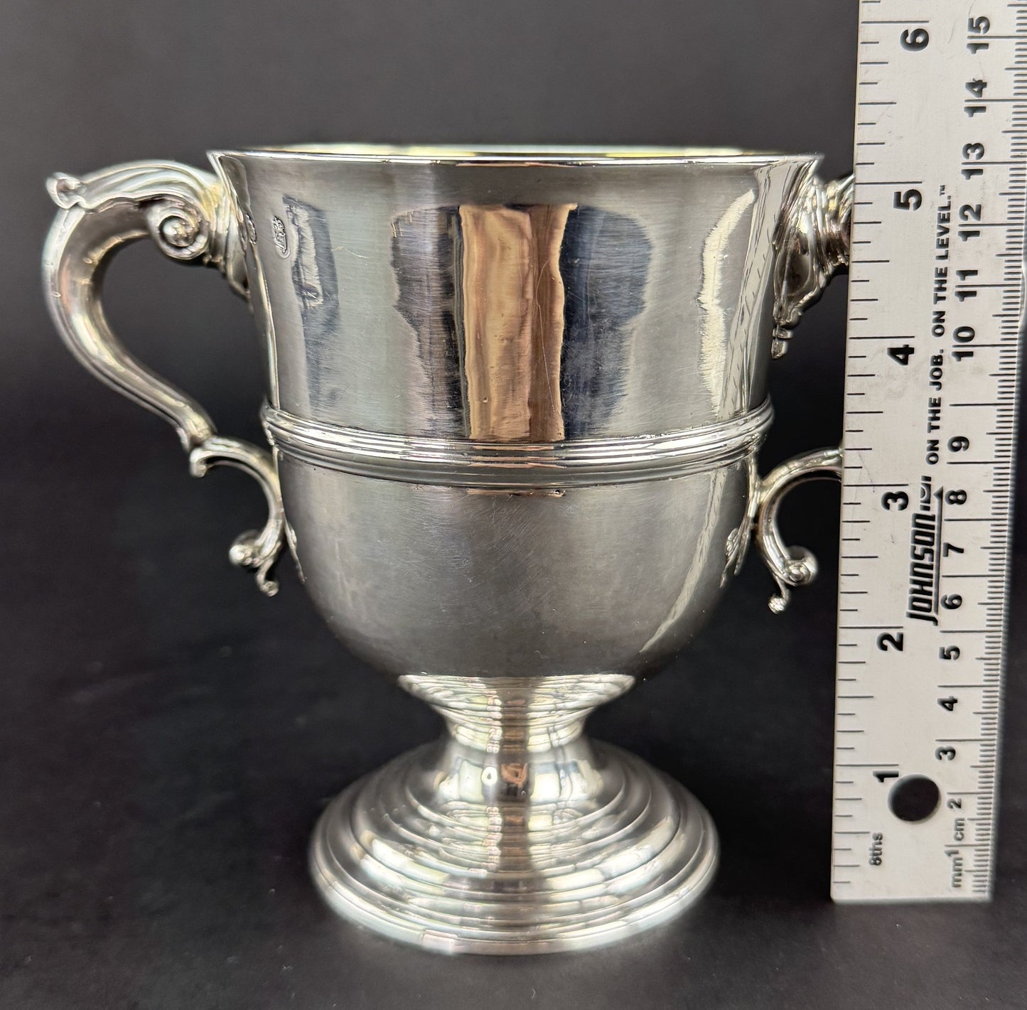 Impressive c1740-1780 Irish Sterling Silver Double Handle Loving Cup Trophy