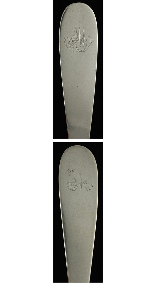 Pair Antique 18th 19th Century European Silver Place Table Soup Spoons 8"