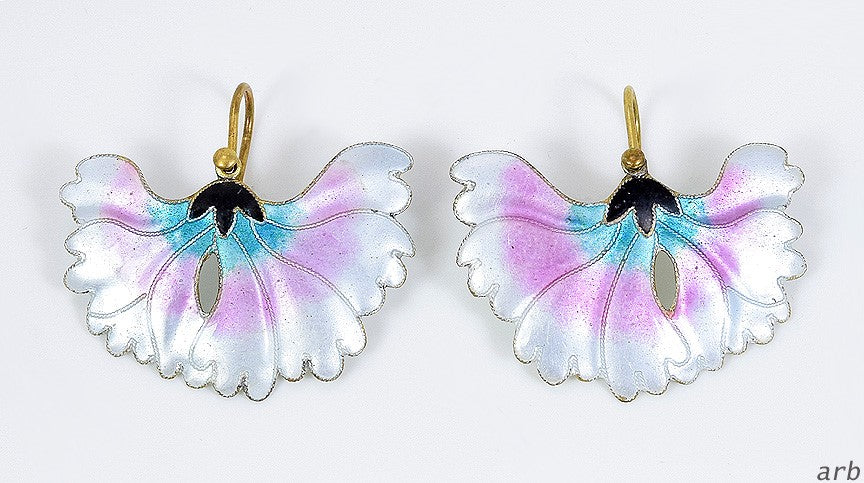 VTG 24k Vermeil Sterling Silver Shashi Earrings: White/Pink Enamel Lotus Flower