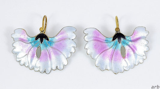 VTG 24k Vermeil Sterling Silver Shashi Earrings: White/Pink Enamel Lotus Flower