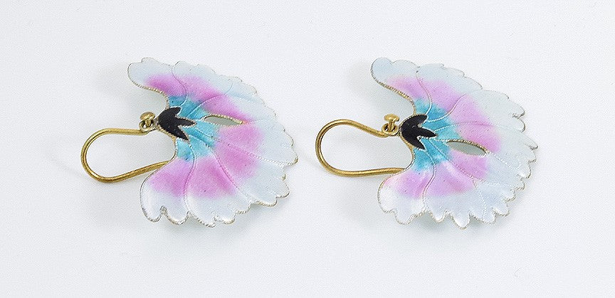 VTG 24k Vermeil Sterling Silver Shashi Earrings: White/Pink Enamel Lotus Flower
