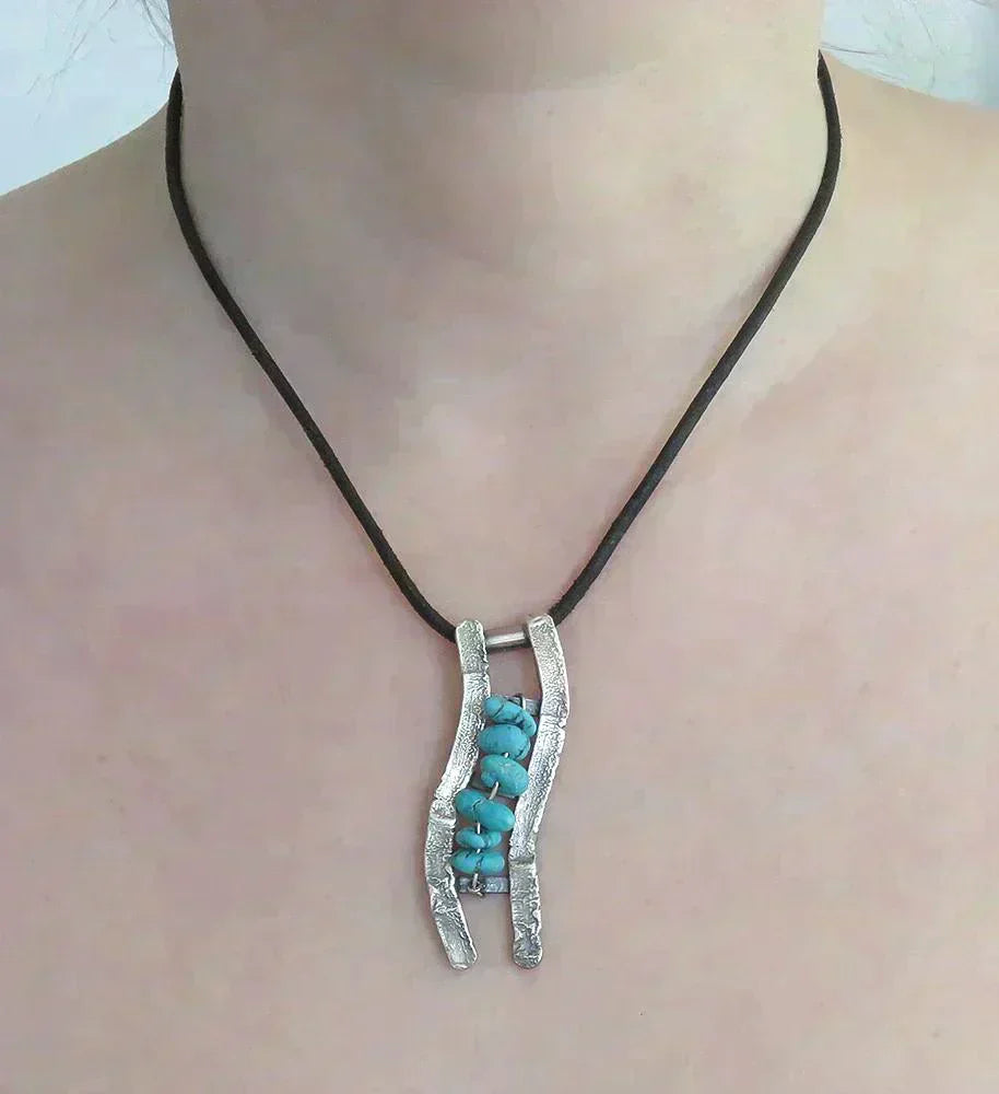 Neat VTG Portuguese Sterling Silver Turquoise River Ladder Pendant Necklace