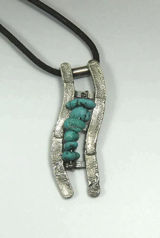 Neat VTG Portuguese Sterling Silver Turquoise River Ladder Pendant Necklace