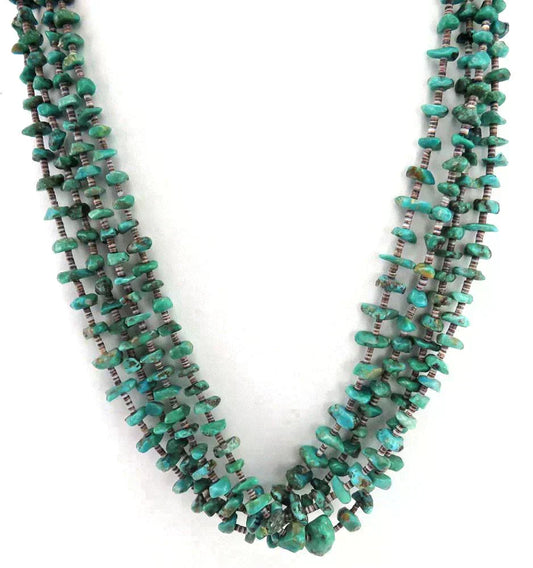 Striking Native American Indian 4 Strand Turquoise Sterling Silver Long Necklace