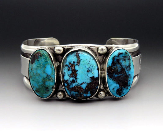 Wide Native American Southwest Indian Sterling Silver Turquoise Cuff Bracelet