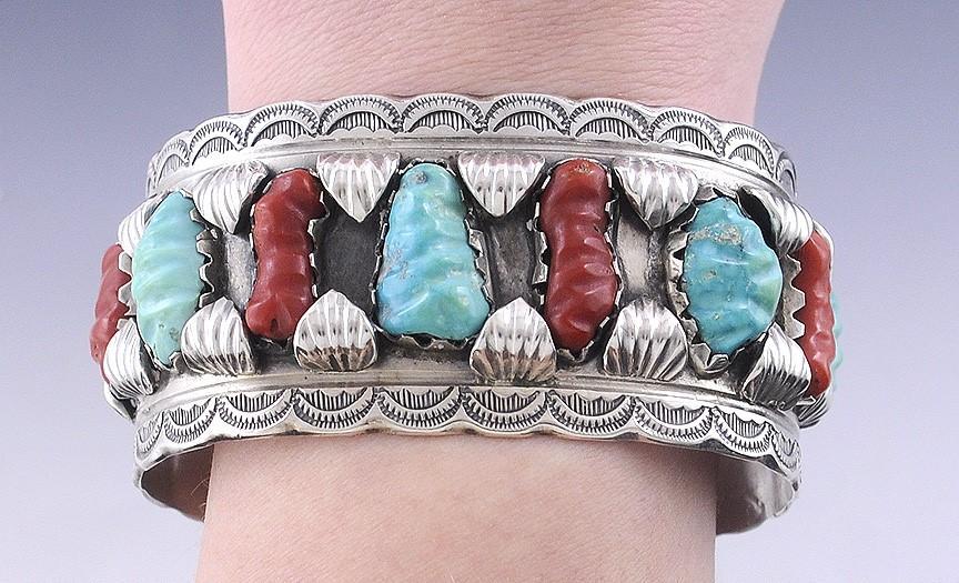 Southwest Navajo Native American Sterling Silver Turquoise & Coral Cuff Bracelet