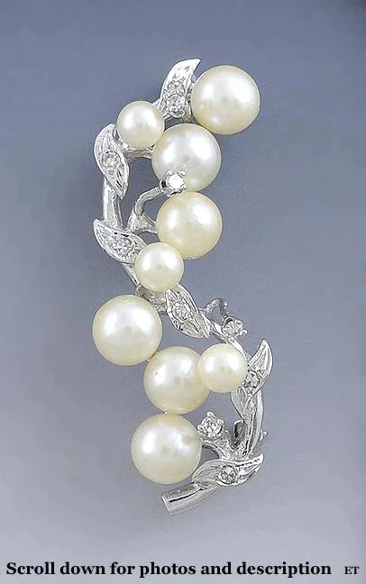 Incredible 14k White Gold Branch Pin W/ Pearls Diamonds Brooch