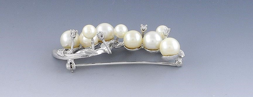 Incredible 14k White Gold Branch Pin W/ Pearls Diamonds Brooch