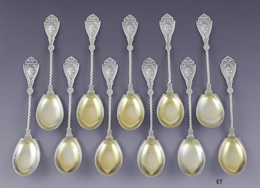 Great set 11 Wood & Hughes Coin Silver Medallion Dessert / Chocolate Spoons