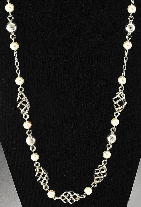 Beautiful Sterling Silver Adjustable Length Necklace Spiral Beads Faux Pearl 30"