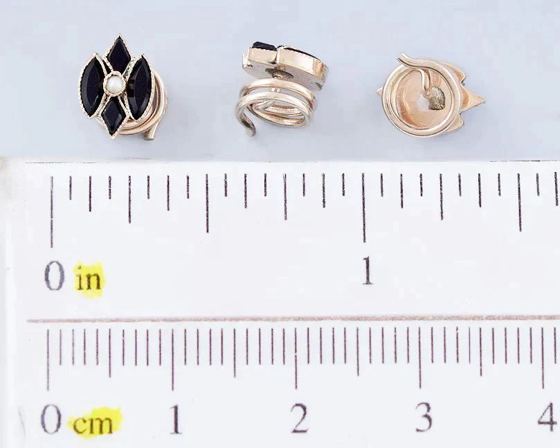 Handsome set 3 Victorian 14k Gold Pearl & Onyx / Black Glass Shirt Studs Buttons