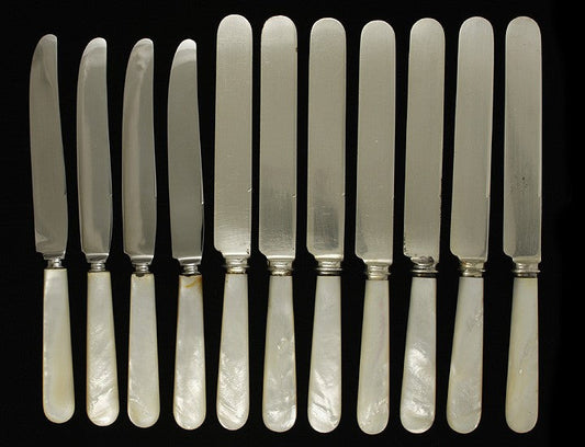 11 Antique American Mother of Pearl Shell Silver Plate Steel Dinner Knives