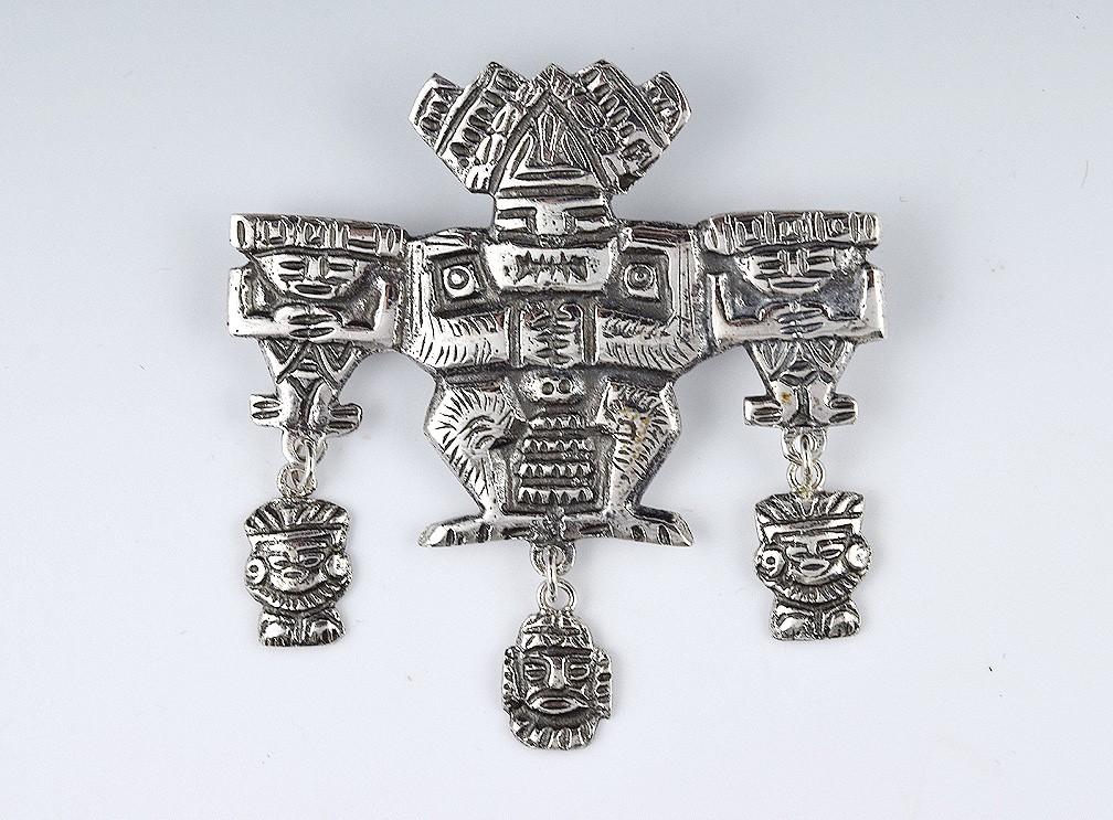 Wonderful Pair South American 900 Silver Pins Traditional Incan Mayan Figures