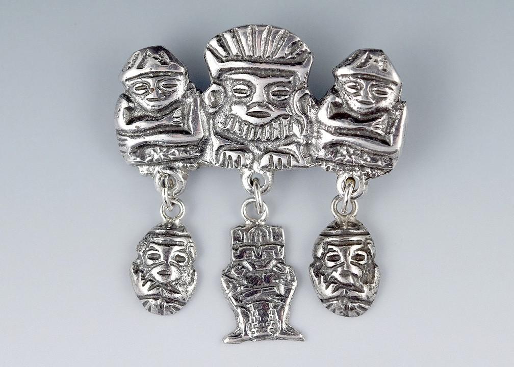 Wonderful Pair South American 900 Silver Pins Traditional Incan Mayan Figures