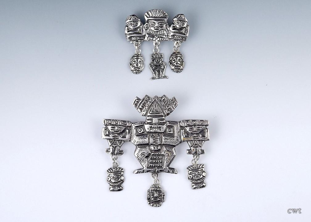 Wonderful Pair South American 900 Silver Pins Traditional Incan Mayan Figures