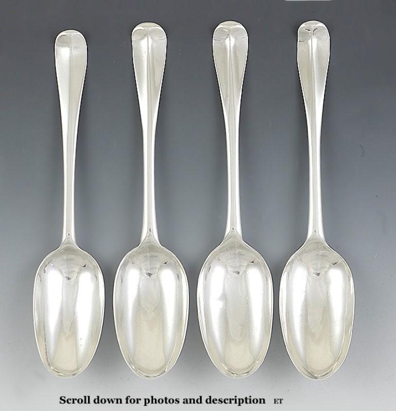 Excellent Set 4 18th C. English Hanoverian Sterling Silver Rattail 8" Spoons