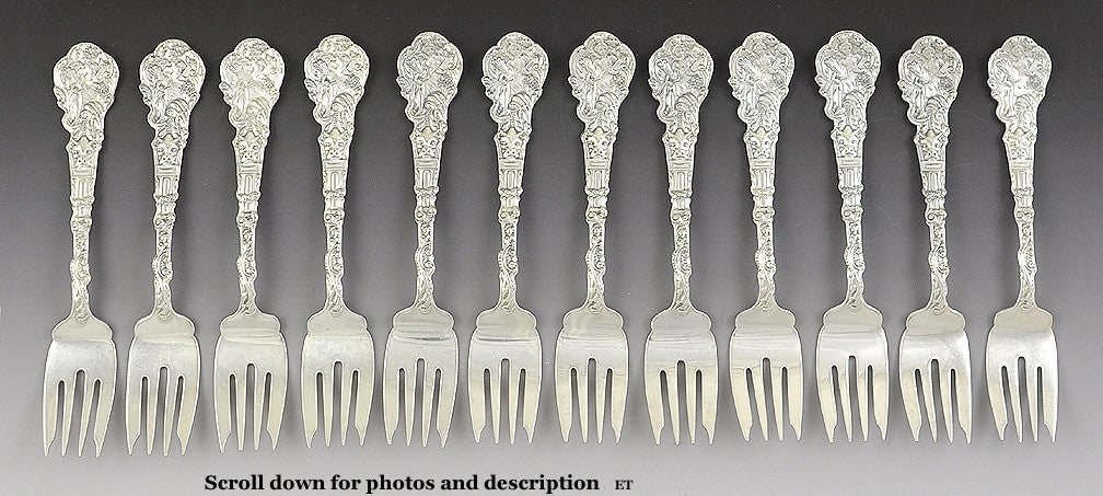 12 Antique Art Nouveau Sterling Silver Gorham Versailles Fish Salad Forks 6 1/2"