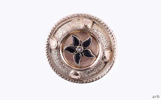 14k Yellow Gold and Black Onyx Old Fashioned Round Floral Pin w/ Seed Pearl