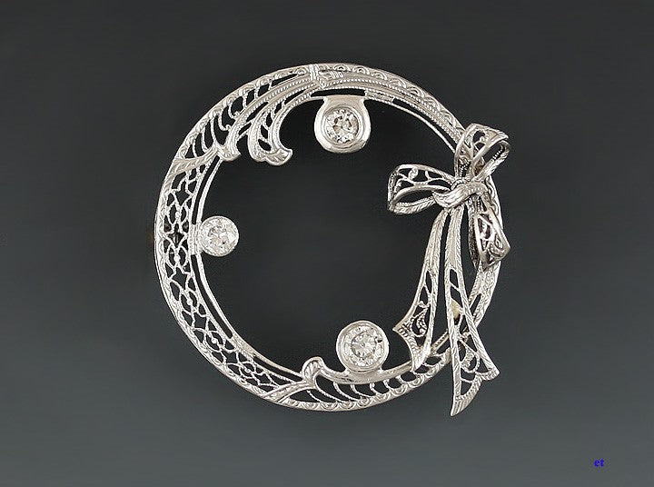 Antique American 14K White Gold & Diamond Circle Pin Brooch