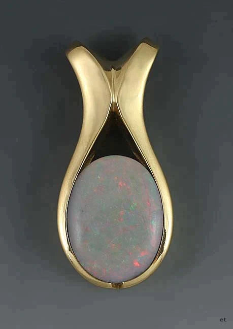 Hand Crafted Heavy Weight 14K Yellow Gold Fiery Opal Pendant