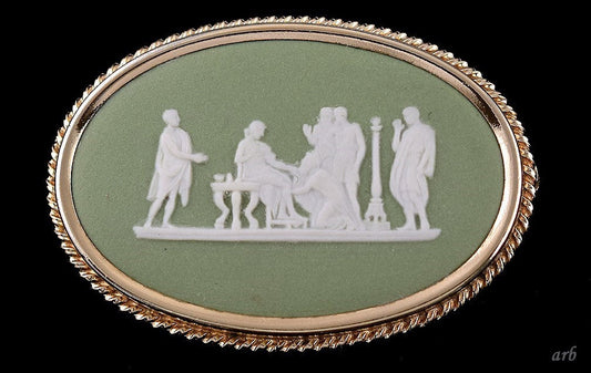 1961 Vintage Gold Filled and Green Wedgwood Jasperware Pin Made in England