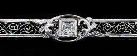Antique Deco 10K White Gold Wire Filigree Diamond Bar Pin Brooch