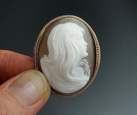 Stunning 14k Gold Carved Cameo Pendant Pin Portrait of Woman with Hair Down