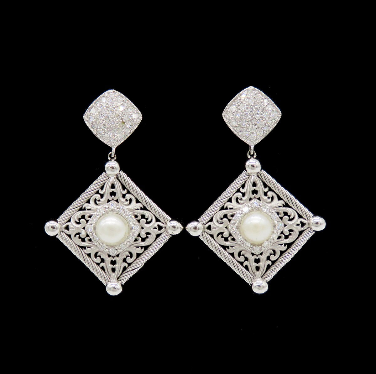 Dazzling Philipe Charriol 18k White Gold ~.40ct Diamond Drop Filigree Earrings