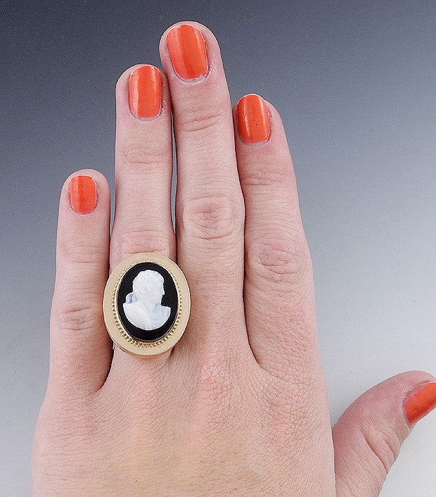 Antique Carved Greek Roman Warrior Sardonyx Cameo 14K Gold Ring
