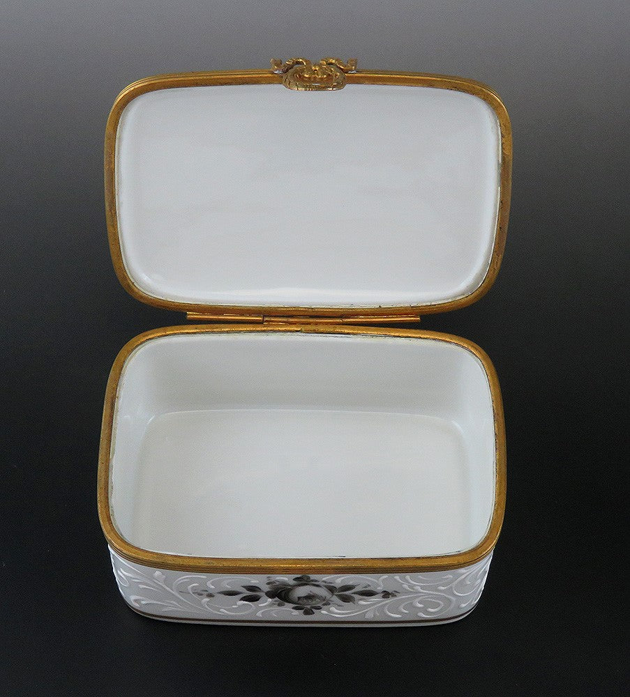 Elegant French Porcelain Black and White Musical Instrument Motif Trinket Box