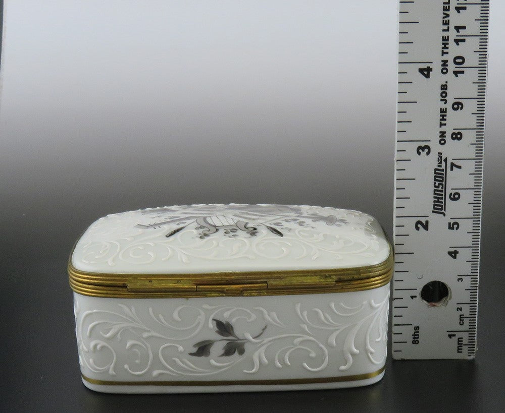 Elegant French Porcelain Black and White Musical Instrument Motif Trinket Box